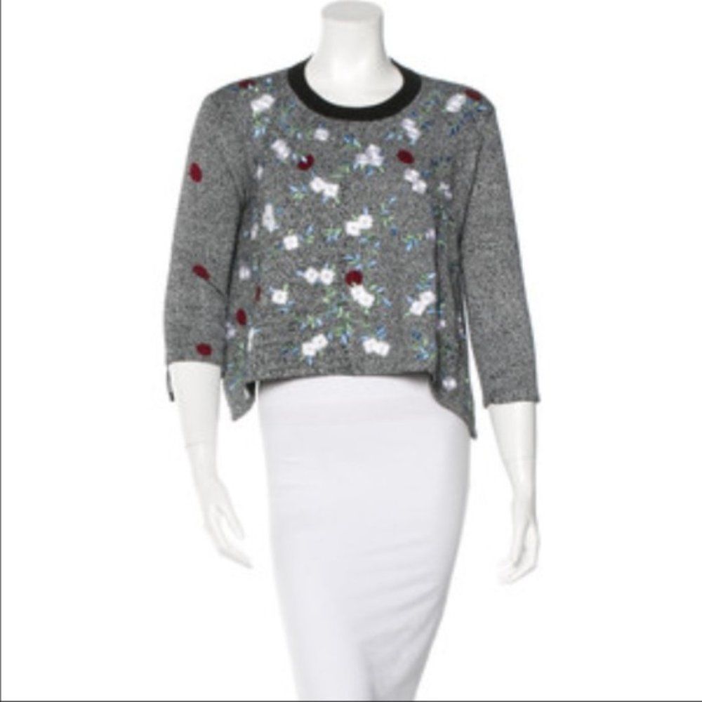 Opening Ceremony Black Embroidered Floral Sweater 3/4 Sleeve Handkerchief Hem S